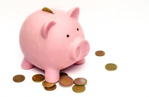 A piggy bank with coins.